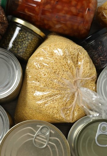 Food,Donations,On,Wooden,Background